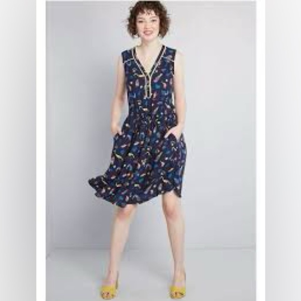 ModCloth Navy Blue Cafe Au Soleil Tropical Birds Sleeveless Midi- Size S NWT